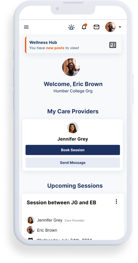 Mobile app dashboard showing My Care Providers, Upcoming sessions and various messaging features